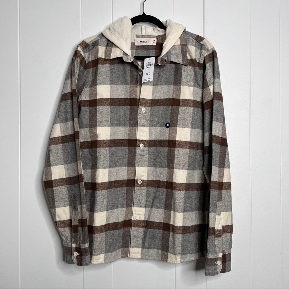 Hollister Men's Flannel Brown and Gray Plaid Shirt Jacket with Hood Size Medium